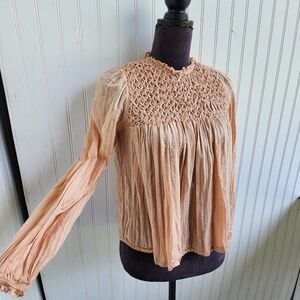 Zara Girls Long Sleeve Textured Top Babydoll Blouse Cream Blush Pink Sz 13-14